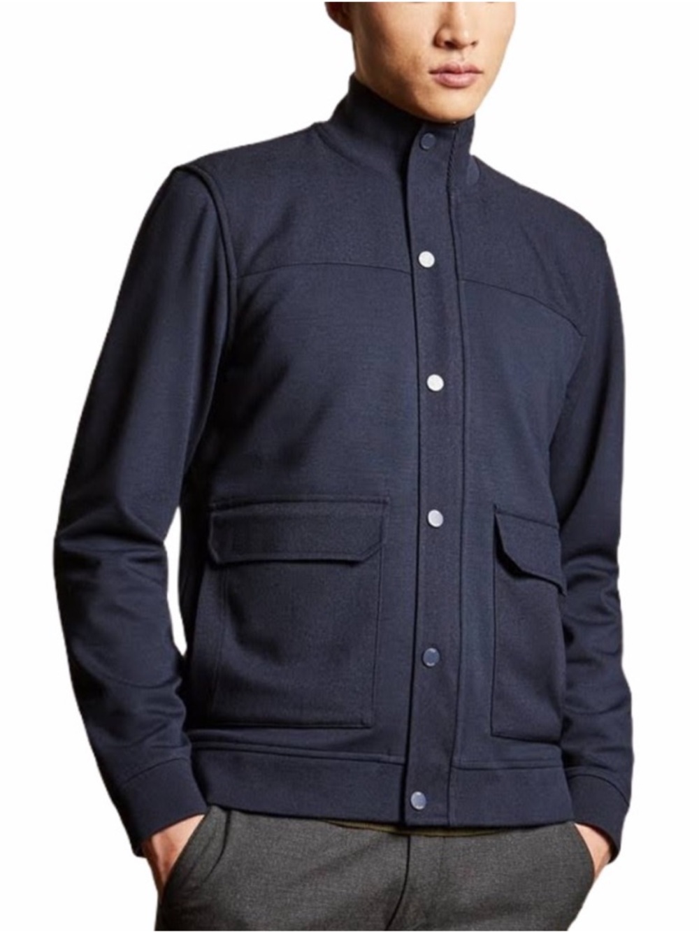 Ted Baker Mens Kaptain Navy Bomber Jacket Zip Front Snap Button Size 5‎ / XL